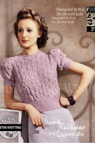 1940s Puff Sleeve Jumper Knitting Pattern | Vintage Lace Sweater, Bust 34–36
