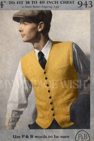 1950s Men’s Waistcoat Knitting Pattern – Vintage Gentleman’s Vest – Chest 38–40