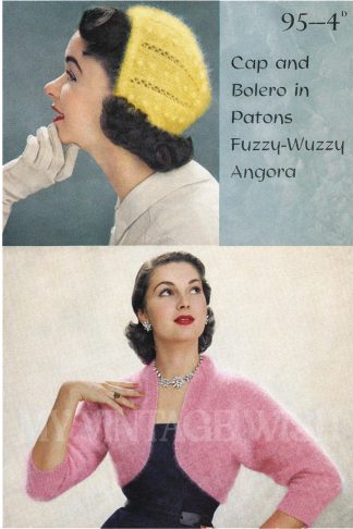 Vintage 1950s Angora Bolero and Hat Knitting Pattern Womens Retro Knitwear