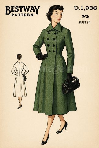1940s Double Breasted Princess Coat Sewing Pattern | Vintage Tailored Outerwear | Iconic Feminine Style