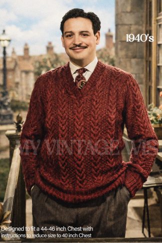 1940s Mens Cable Knit Sweater Knitting Pattern | Large Size, Adjustable Fit