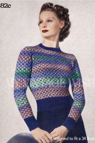 Vintage Rainbow Striped Jumper Knitting Pattern – 1940s Ladies Sweater, Bust 34