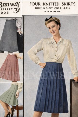 1940s Skirt Knitting Pattern – 4 Vintage Styles (Ribbed, Flared, Panel, Tucked) 40” Hip