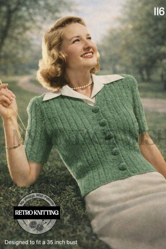 1940s Short Sleeve Cardigan Knitting Pattern – Vintage Button Front Sweater