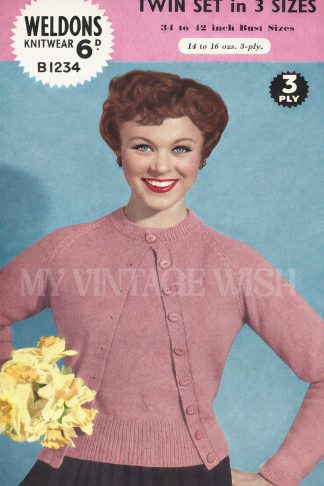 1950s Knitting Pattern Twin Set – Vintage Crew Neck Jumper and Cardigan (34–42” Bust)