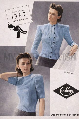 1940s Knitting Pattern Ribbed Twin Set – Vintage Jumper and Cardigan (Bust 34)