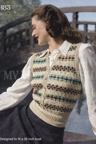 Vintage 1940s Fair Isle Waistcoat Knitting Pattern Sweater Vest Women Bust 35 Retro