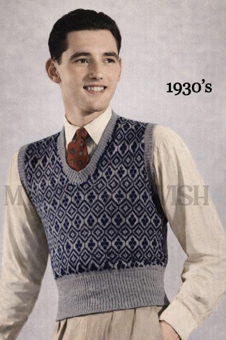 1930s Mens Fair Isle Slipover Knitting Pattern, Sleeveless Jumper, Chest 36–38