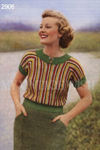 1930s Striped Yoke Sweater Knitting Pattern | Vintage Ladies Jumper Bust 33–35 | Retro Raglan Sleeve Knit Top