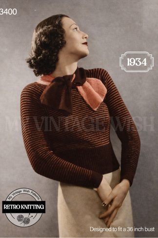 1930s Vintage Raglan Jumper Knitting Pattern with Scarf Collar – 2 Ply Fingering, 36” Bust