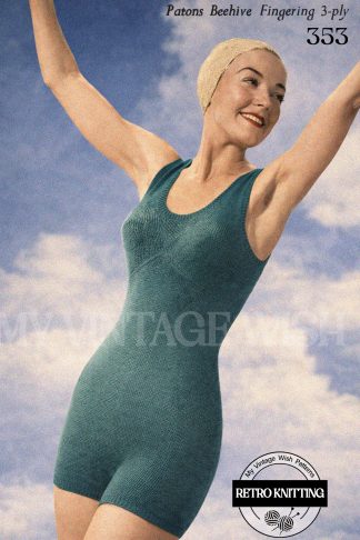 1930s One Piece Swimsuit Knitting Pattern Vintage Trunk Style Bathing Suit