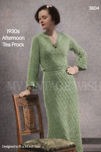 1930s V Neck Afternoon Dress Knitting Pattern, Ladies Tea Frock, Bust 34, Vintage Style