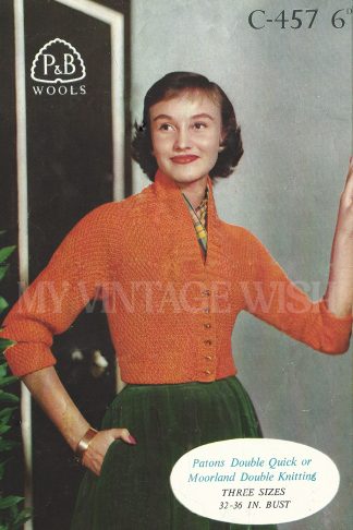 1950s Shortie Cardigan Knitting Pattern – Vintage Cropped Sweater in Double Knit, 3 Sizes