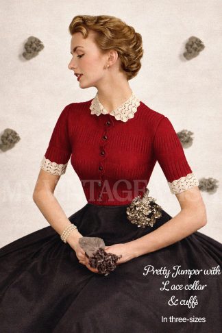 1950s Sweater Knitting Pattern Lace Collar and Cuffs Vintage Ladies Jumper Bust 32–36