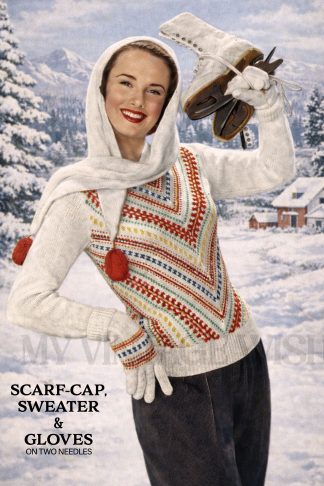 1950s Ladies Fair Isle Snow Set Knitting Pattern Jersey Scarf Cap and Gloves