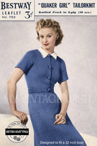 Vintage 1940s Shirt Dress Knitting Pattern | Retro Knit Dress | Bust 32 | Classic Wartime Style