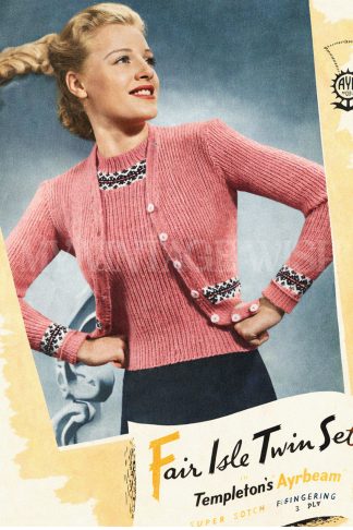 1940s Fair Isle Twin Set Knitting Pattern | Vintage Cardigan and Sweater Set | Retro Knitwear