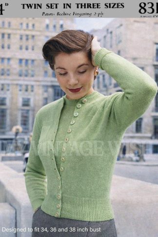 Vintage 1950s Twin Set Cardigan and Sweater Knitting Pattern Womens 3 Sizes