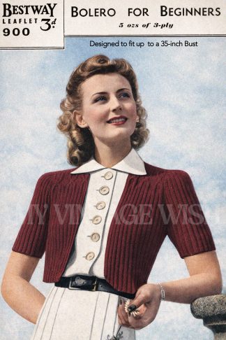 1940s Bolero Knitting Pattern – Vintage Shrug, Easy Rib & Cable (Up to 35” Bust)
