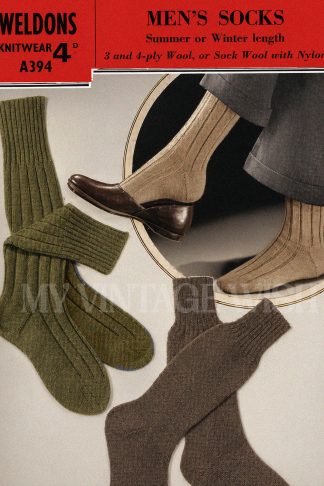 Vintage Men’s Socks Knitting Pattern – Two Lengths, Ribbed or Plain, 3 or 4 Ply