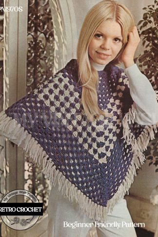 1970s Beginner Crochet Poncho Pattern Two Colour Vintage Poncho Bust 34–36