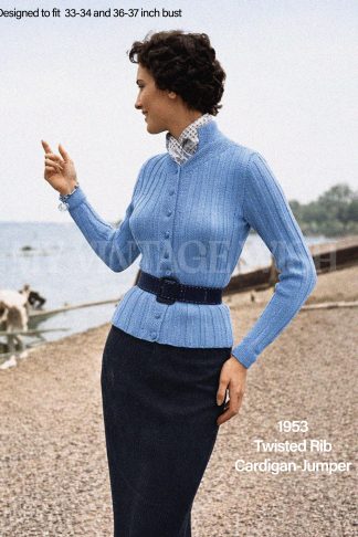 1953 Ribbed Cardigan Knitting Pattern – Fitted DK Sweater with Collar (Bust 33–37”)