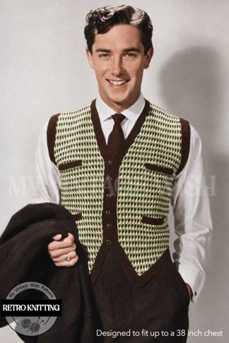 1950s Vintage Men's Waistcoat Knitting Pattern – Easy 2-Ply Design with Pockets, Up to 38" Chest