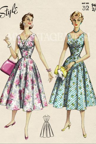1950s Rockabilly Dress Sewing Pattern | Vintage Over Bodice Dress Pattern