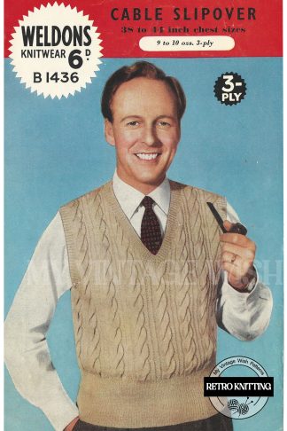 Mens 1940s Cable Pullover Knitting Pattern in Three-sizes