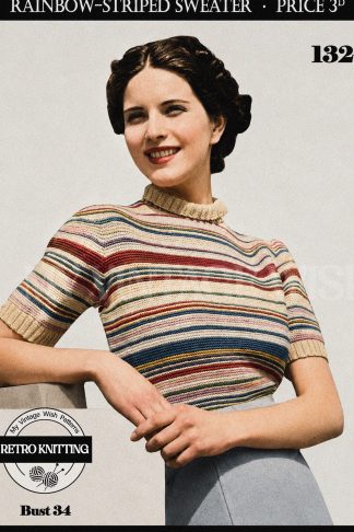 Vintage 1930s Rainbow Striped Polo Neck Jumper Knitting Pattern