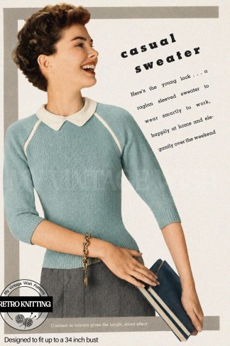 Vintage 1950s Raglan Sleeve Sweater Knitting Pattern with Peter Pan Collar