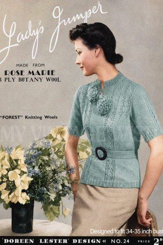 Vintage 1930s Sweater Knitting Pattern with Flower Trim and Belt | Bust 34