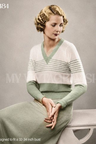 Vintage 1930s Knitting Pattern – Simple Striped V-Neck Jumper Sweater in Stocking Stitch