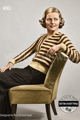 Vintage 1930s Striped Sweater Knitting Pattern | V-Neck Jumper with Contrasting Stripe Design