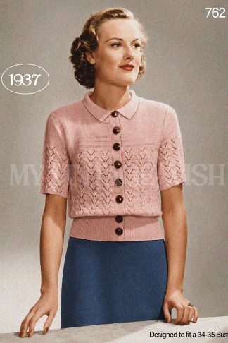 1930s Lace Button-Up Jumper Knitting Pattern | Vintage Short Sleeve Sweater Bust 34-35