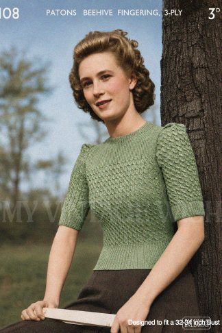 1940s Mock Cable Puff Sleeve Jumper Knitting Pattern | Women's Vintage Sweater Bust 32–34