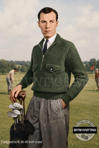 1930s Men's Half Zip Golf Jacket Knitting Pattern | Vintage Pullover with Pocket Flaps