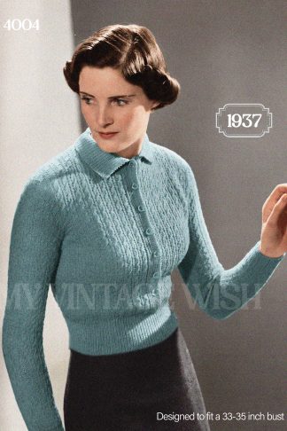 1930s Cardigan Knitting Pattern | Mock Cable Collared Sweater | Bust 33–35