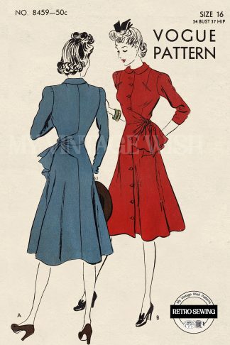 1940s Button Front Dress Sewing Pattern | Vintage Fit and Flare Frock with Tie Waist