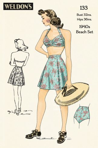 1940s Bikini Bathing Suit Sewing Pattern – Halter Top, Wrap Skirt – Bust 32