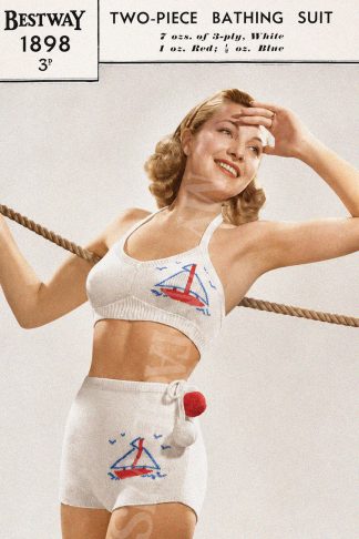 1940s Knitted Two-Piece Bathing Suit Pattern with Nautical Motif – Bust 33–34"