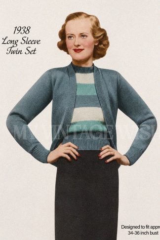 1930s Women's Twin Set Knitting Pattern – Striped Jumper & V-Neck Cardigan