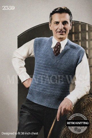 1940s Men’s Reversible Sleeveless Pullover Knitting Pattern – 38″ Chest