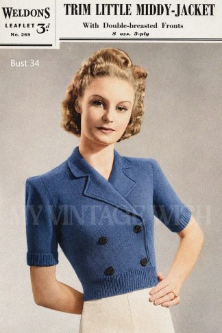1940s Sailor Jacket Knitting Pattern – Double-Breasted Fitted Jacket – Bust 34