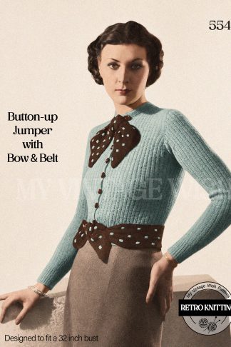 1930s Women's Button-Up Sweater Knitting Pattern – Bow Neck & Waist Detail, Bust 32