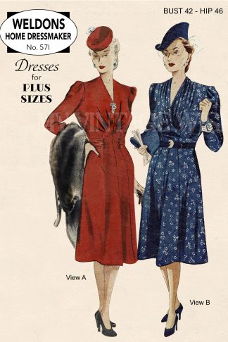 1940s Two Frocks Sewing Pattern – Draped & Gathered Bodices, Bust 42"