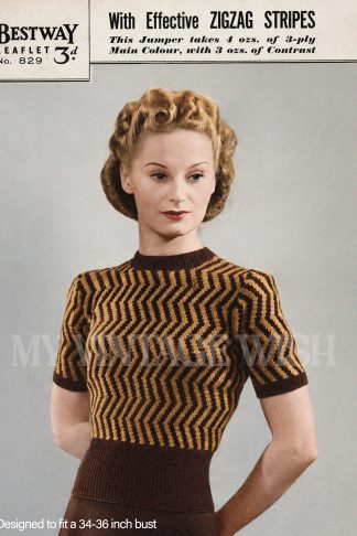 1940s Zigzag Stripe Jumper Knitting Pattern – Two Colour – Bust 34–36"