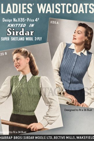 1940s Waistcoat Knitting Pattern – Two Women’s Styles, 34 & 36 Bust
