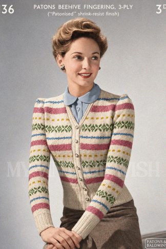 1940s Fair Isle Cardigan Knitting Pattern – Women’s 3 Ply Jumper
