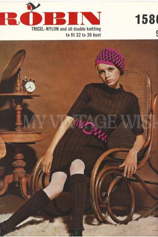 1960s Ribbed Dress, Beret, Knee Socks & Belt Knitting Pattern